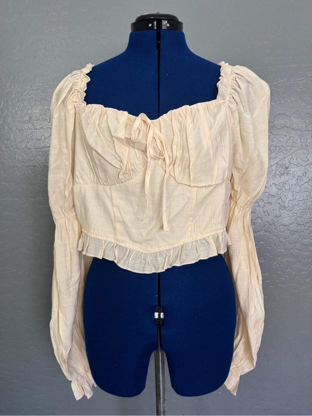 SHEIN Cream Ruffle Tie-Front Peasant Blouse